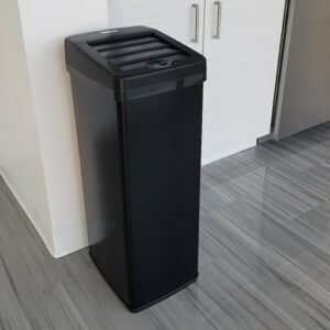 iTouchless - 14 Gallon Sliding Lid Sensor Trash Can with AbsorbX Odor Control System, Automatic Kitchen Bin - Black stainless steel