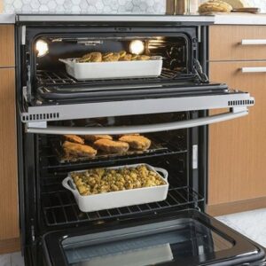 GE - 6.6 Cu. Ft. Slide-In Double Oven Electric Convection Range - Stainless Steel