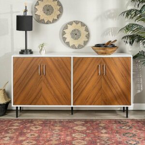 Walker Edison - 58” Mid Century Modern Faux Bookmatch Buffet/TV Stand Fits Most TVs up to 65" - Brown / White