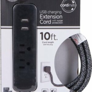 Cordinate - 10' 2-Outlet 2-USB Extension Cord with Surge Protection - Black Heather