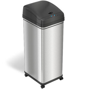 iTouchless - 13 Gallon Touchless Sensor Trash Can with Wheels and AbsorbX Odor Control System, Stainless Steel Automatic Kitchen Bin - Black/Silver