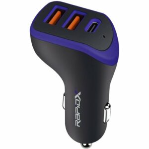 RapidX - X3PD 3-Port Vehicle Charger with Two 17W USB Ports and One 18W USB-C Port, 35W Max Output - Blue