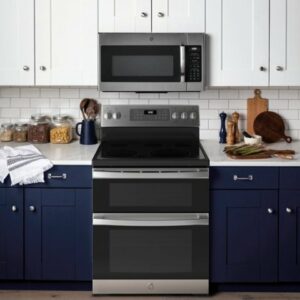 GE - 6.6 Cu. Ft. Freestanding Double Oven Electric Convection Range with Self-Steam Cleaning and No-Preheat Air Fry - Stainless Steel