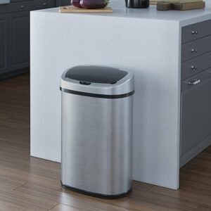 iTouchless - 13 Gallon Touchless Sensor Trash Can with AbsorbX Odor Control System, Stainless Steel Oval Shape Kitchen Bin - Silver