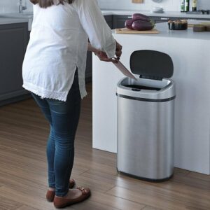 iTouchless - 13 Gallon Touchless Sensor Trash Can with AbsorbX Odor Control System, Stainless Steel Oval Shape Kitchen Bin - Silver