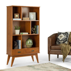 Simpli Home - Draper Mid-Century Modern Solid Hardwood 6-Shelf 2-Drawer Bookcase - Teak Brown