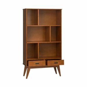 Simpli Home - Draper Mid-Century Modern Solid Hardwood 6-Shelf 2-Drawer Bookcase - Teak Brown