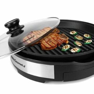 Elite Gourmet - 12" Deluxe Indoor Grill W Tempered Glass Lid, Stainless Steel - Black