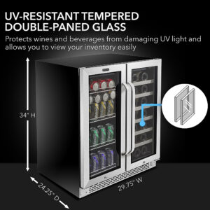 Whynter - 30″ Built-In French Door Dual Zone 33 Bottle Wine Refrigerator 88 Can Beverage Center - Stainless Steel