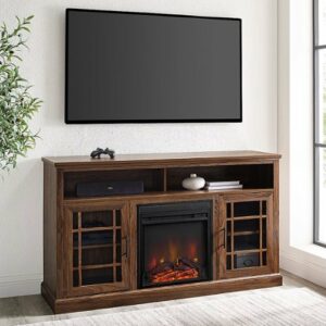 Walker Edison - Traditional 58" Tall Glass Two Door Soundbar Storage Fireplace TV Stand for Most TVs up to 65" - Dark Walnut