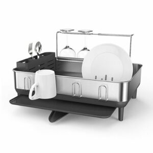 simplehuman - Kitchen Dish Drying Rack With Swivel Spout, Fingerprint-Proof Stainless Steel Frame - Grey Plastic