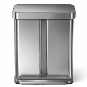 simplehuman - 58 L Rectangular Hands-Free Dual Compartment Recycling Kitchen Step Trash Can with Soft-Close Lid - Brushed Stainless Steel