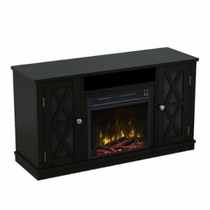 Twin Star Home - TV Stand for TVs up to 55" with Electric Fireplace and Glass Doors with X Mullions - Black