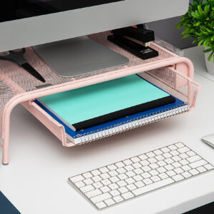 Mind Reader - Network Collection Monitor Stand 3-Compartment Storage 1 Paper Tray and 2 Side Storage Compartments, Pink - Silver