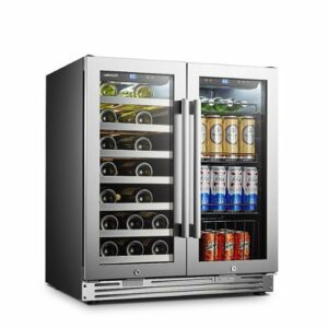 LanboPro - 31 Bottle 58 Can 2 Doors Seamless Stainless Steel Combo Wine and Beverage Refrigerator - Black