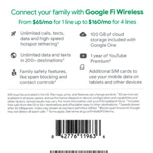 Google Fi Wireless Unlimited Plus Talk/Text/Data SIM Kit - 1 Month