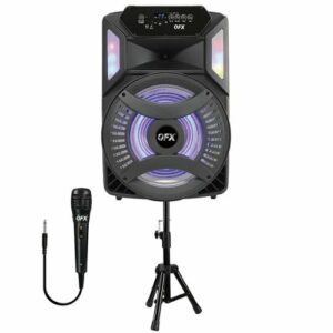 QFX - Portable Rechargeable Bluetooth Speaker and Stand with Wired Microphone and Party Lights - Black