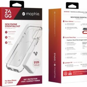 ZAGG - mophie New Phone Essentials Kit: 360 Protection + Fast, Compact Power for Apple iPhone 15 - Clear/White