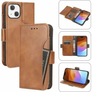 SaharaCase - Leather Folio Wallet Case for Apple iPhone 15 Plus - Brown