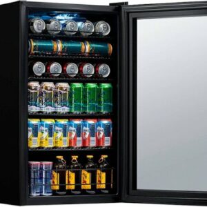 NewAir - 126-Can Factory Refurbished Beverage Cooler with Glass Door, Adjustable Shelves, 7 Temperature Settings and Lock - Onyx Black