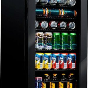 NewAir - 126-Can Factory Refurbished Beverage Cooler with Glass Door, Adjustable Shelves, 7 Temperature Settings and Lock - Onyx Black